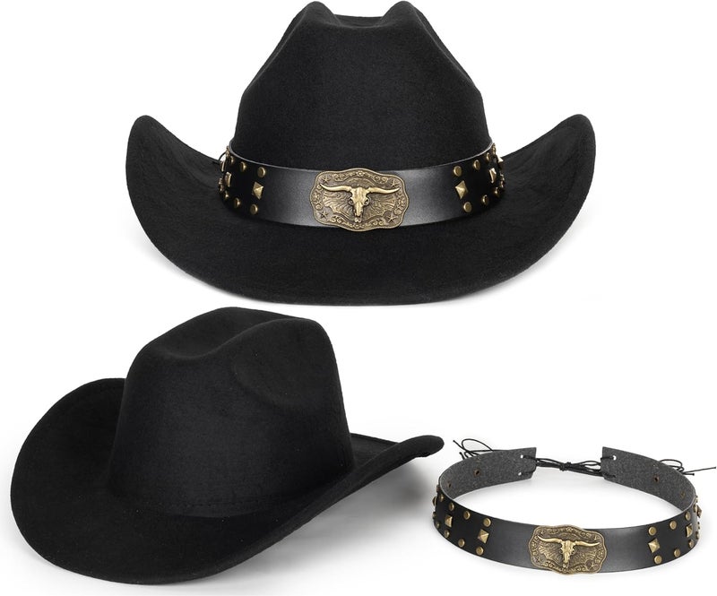 Eohak Womens Western Cowboy Hats Studded Pinched Western Cowgirl Hats Wide Brim Fedoras Hat with Belt Buckle (Size:Medium) - Image 4